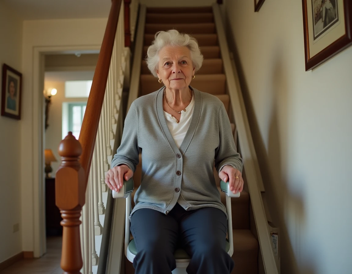 Femme âgée assise sur un monte-escalier portable installé sur un escalier en bois dans une maison française traditionnelle
