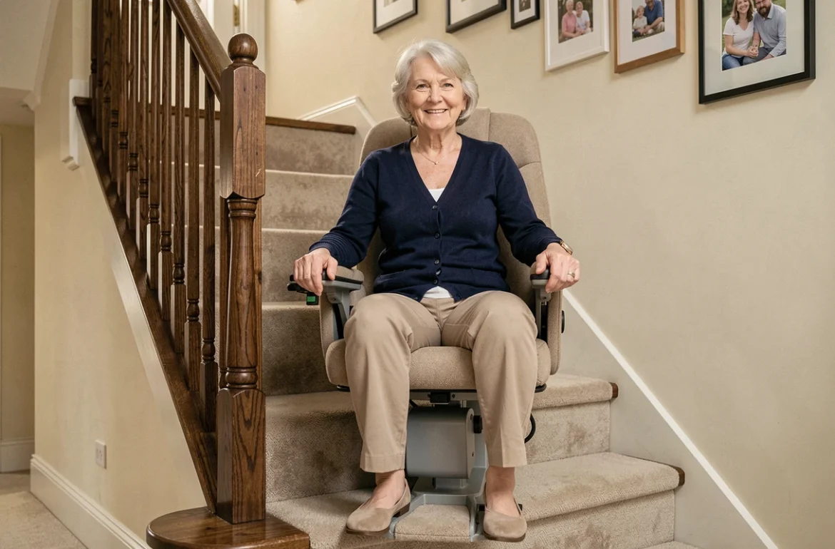 Femme âgée assise sur un monte-escalier sans installation fixe dans un escalier en bois d'une maison particulière