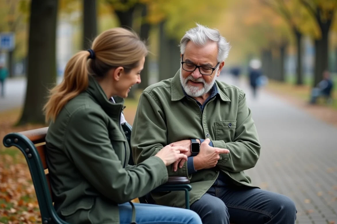 Aidant montrant une montre GPS SOS à un senior avec Alzheimer dans un parc en automne