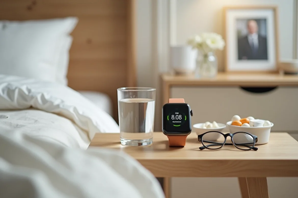 Montre SOS senior pour Alzheimer posée sur une table de nuit avec organisateur de médicaments et lunettes