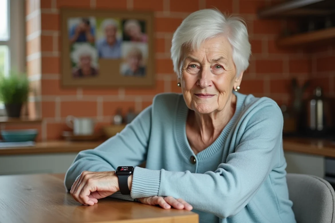 Femme âgée atteinte de troubles de la mémoire regardant sa montre SOS senior dans une cuisine chaleureuse