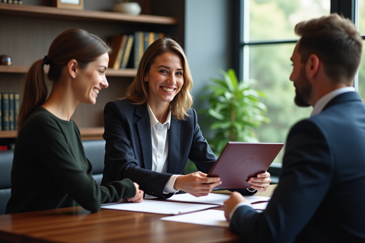 Notaire professionnel remettant un dossier à un client