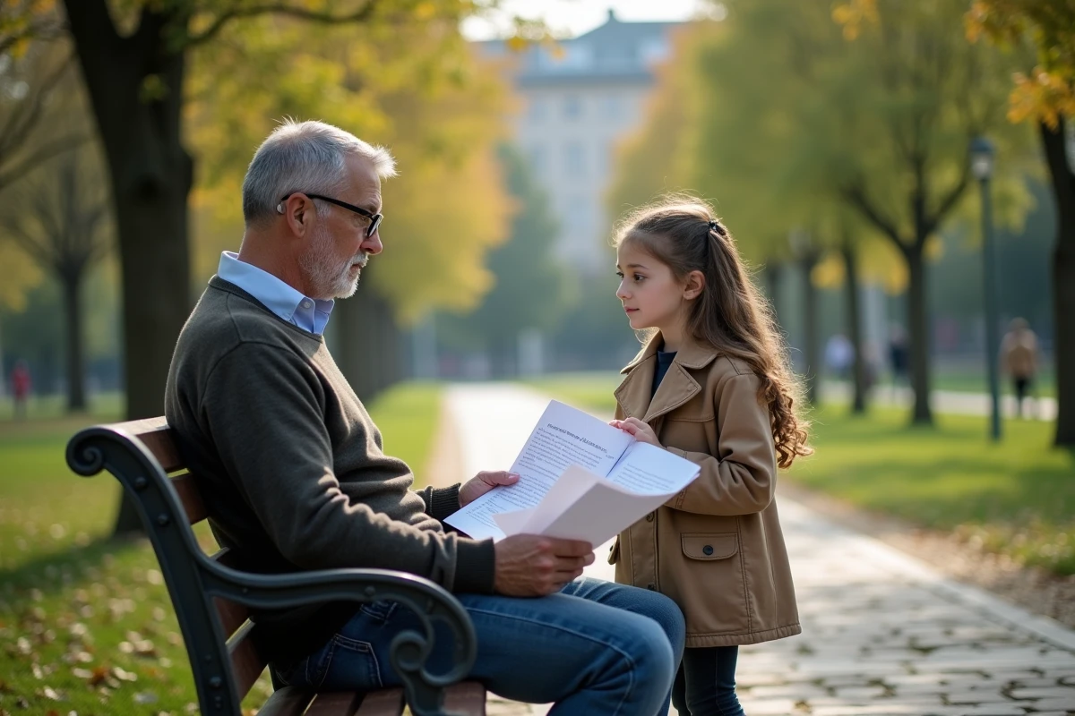 Père lisant des documents dans un parc avec sa fille