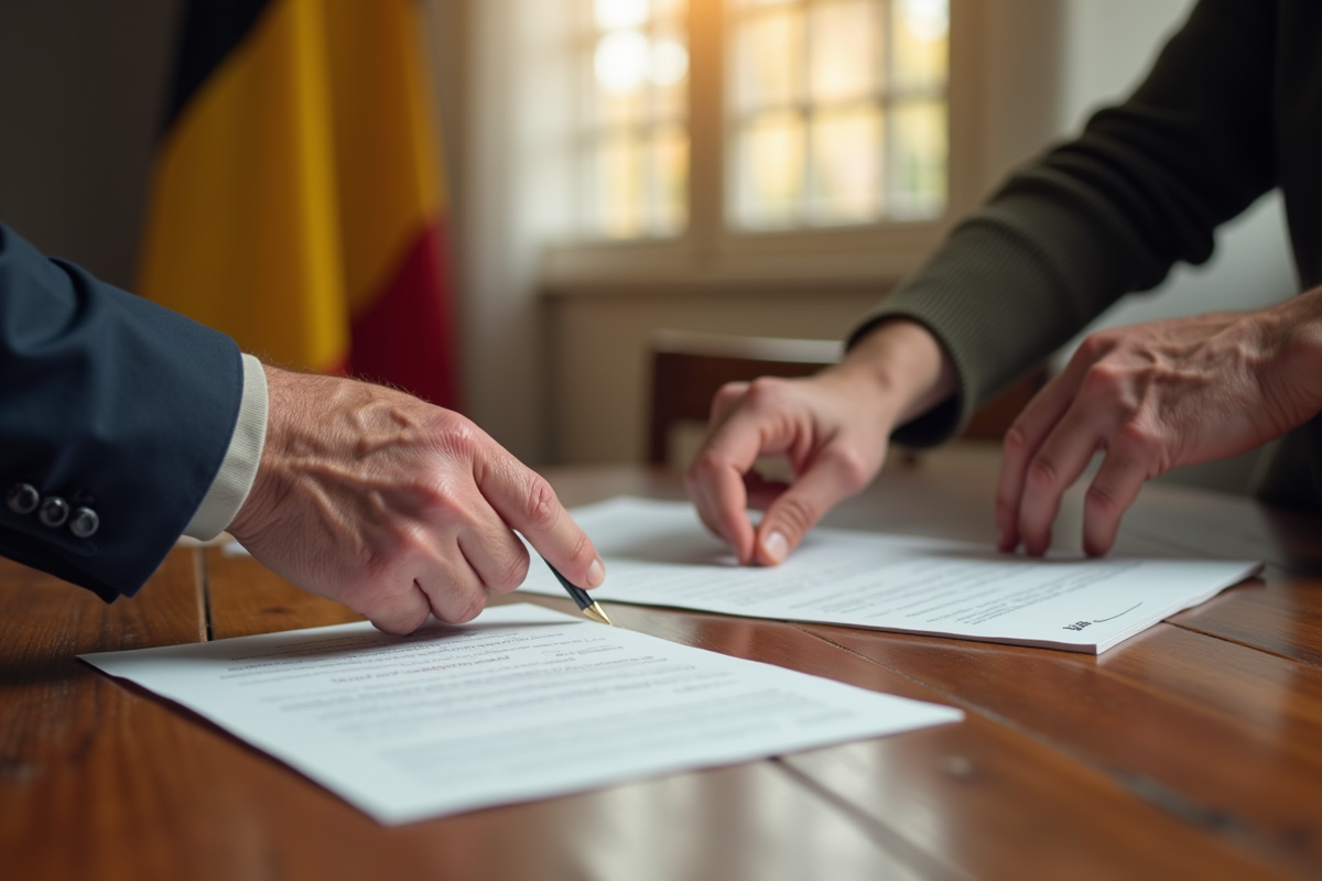 Deux mains échangeant des papiers légaux avec drapeau belge