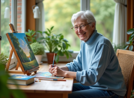 Femme senior peignant un paysage coloré dans un atelier lumineux