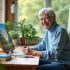 Femme senior peignant un paysage coloré dans un atelier lumineux