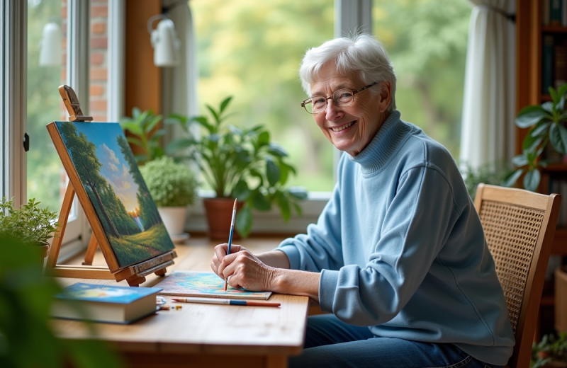 Femme senior peignant un paysage coloré dans un atelier lumineux