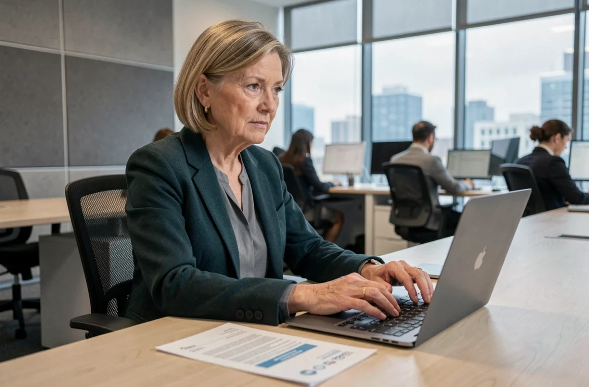 Femme active en fin de carrière consultant ses droits à la pension de réversion tout en continuant à travailler dans un bureau moderne