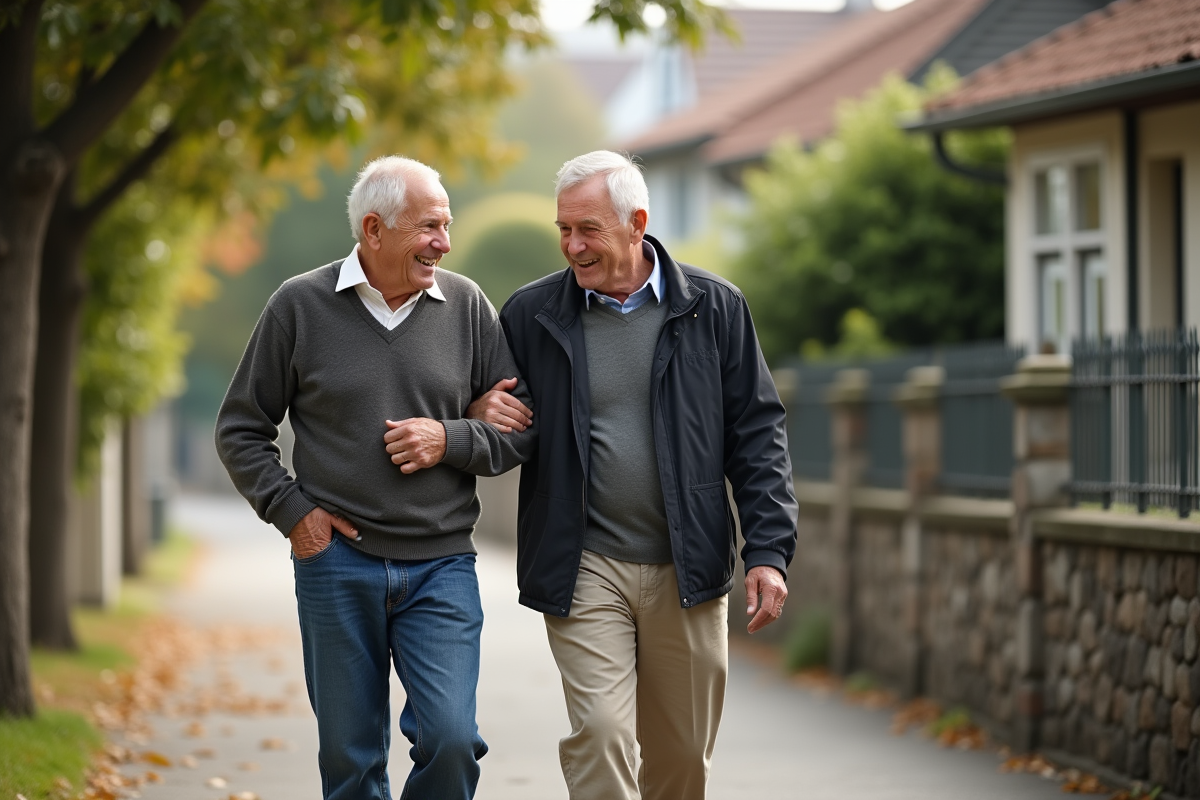 Père âgé et fils se promènent dans le quartier calme