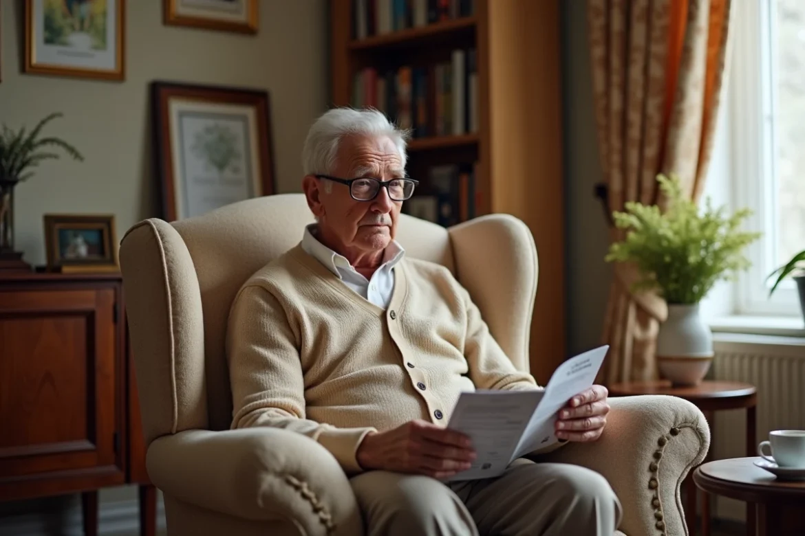 Personne âgée lisant une brochure sur les tarifs des services d'aide à domicile Age d'Or dans son salon