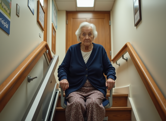 Femme agee en fauteuil roulant sur un monte-escalier intérieur