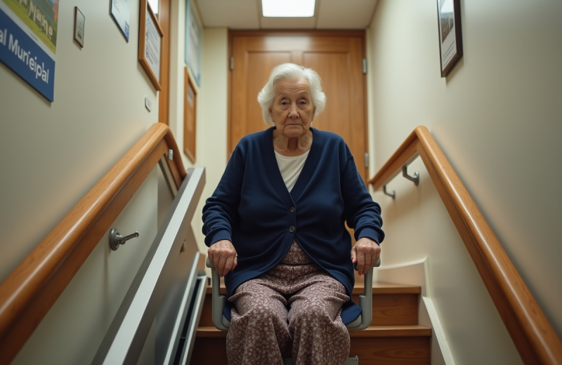 Femme agee en fauteuil roulant sur un monte-escalier intérieur