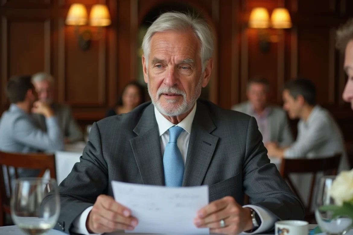 Homme en costume gris préparant ou prononçant son discours de départ en retraite dans un restaurant privé avec des notes manuscrites