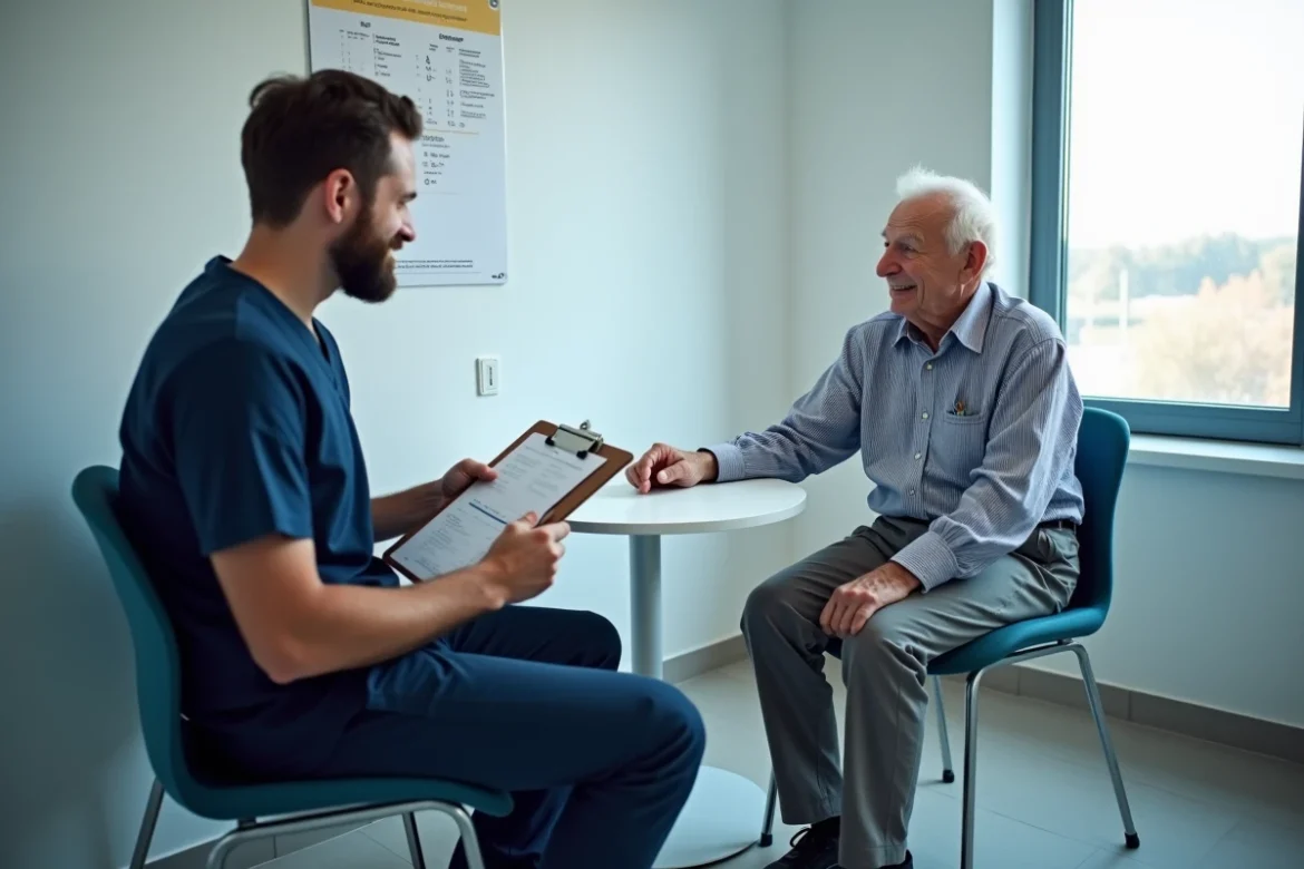 Un professionnel de santé évaluant le niveau de dépendance d'un homme âgé lors d'une consultation médicale, dans le cadre d'une grille AGGIR