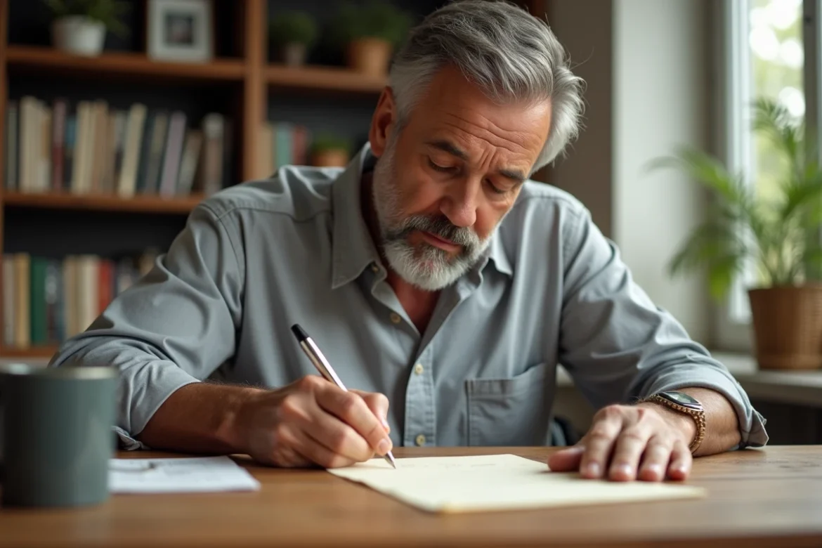 Homme rédigeant un message de départ à la retraite à la main avec un stylo plume dans un bureau à domicile