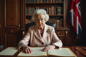 Reine Elizabeth II examinant des documents historiques
