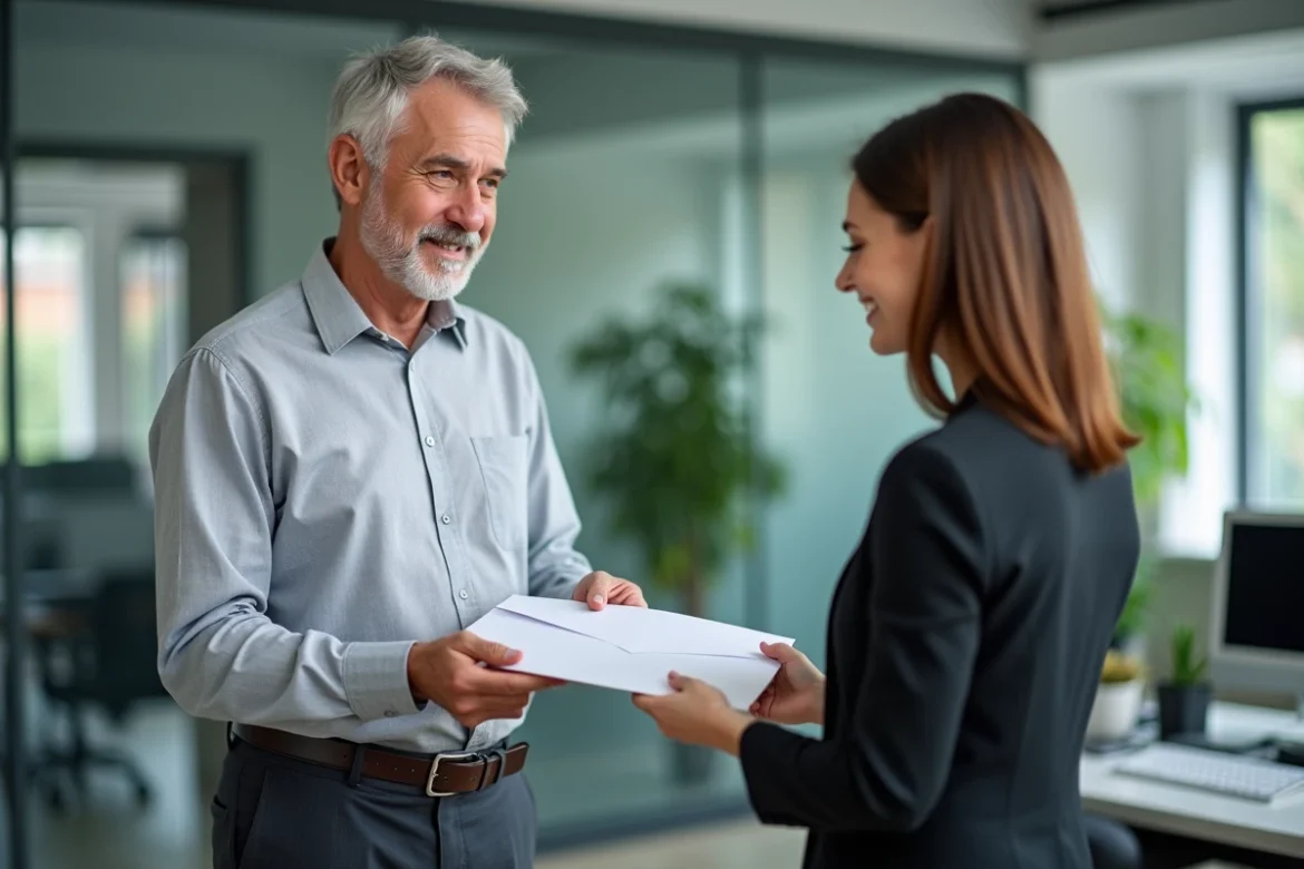 Employé remettant sa lettre de départ à la retraite à son employeur dans un bureau en open space