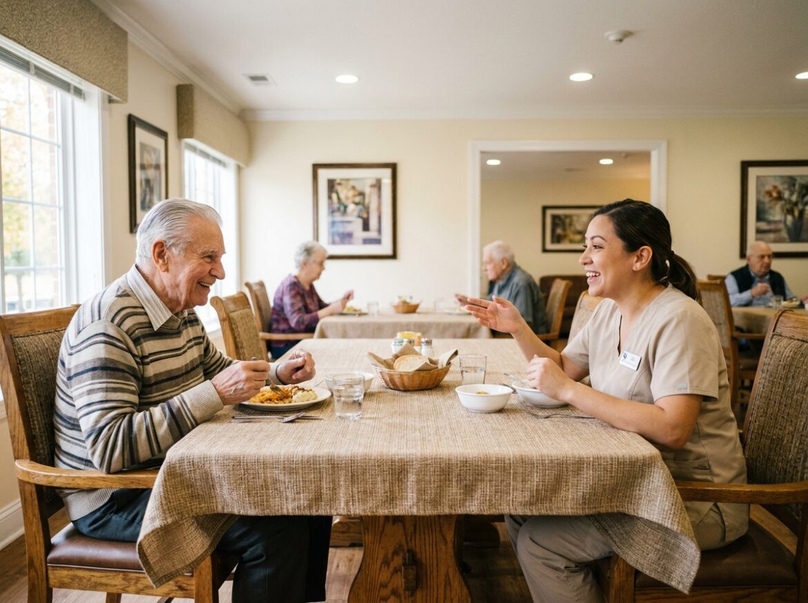 Personne âgée partageant un repas convivial avec une aide-soignante dans la salle à manger d'un établissement LNA Santé