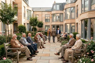 Groupe de résidents seniors se retrouvant dans le jardin d'une résidence senior moderne dans la Somme