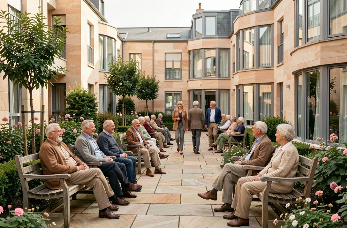 Groupe de résidents seniors se retrouvant dans le jardin d'une résidence senior moderne dans la Somme