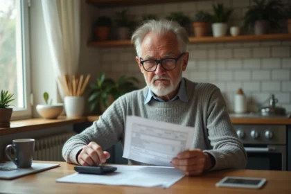 Retraité examinant ses relevés bancaires à la table de cuisine après la revalorisation Agirc-Arrco 2026