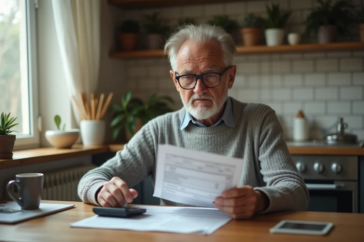 Retraité examinant ses relevés bancaires à la table de cuisine après la revalorisation Agirc-Arrco 2026