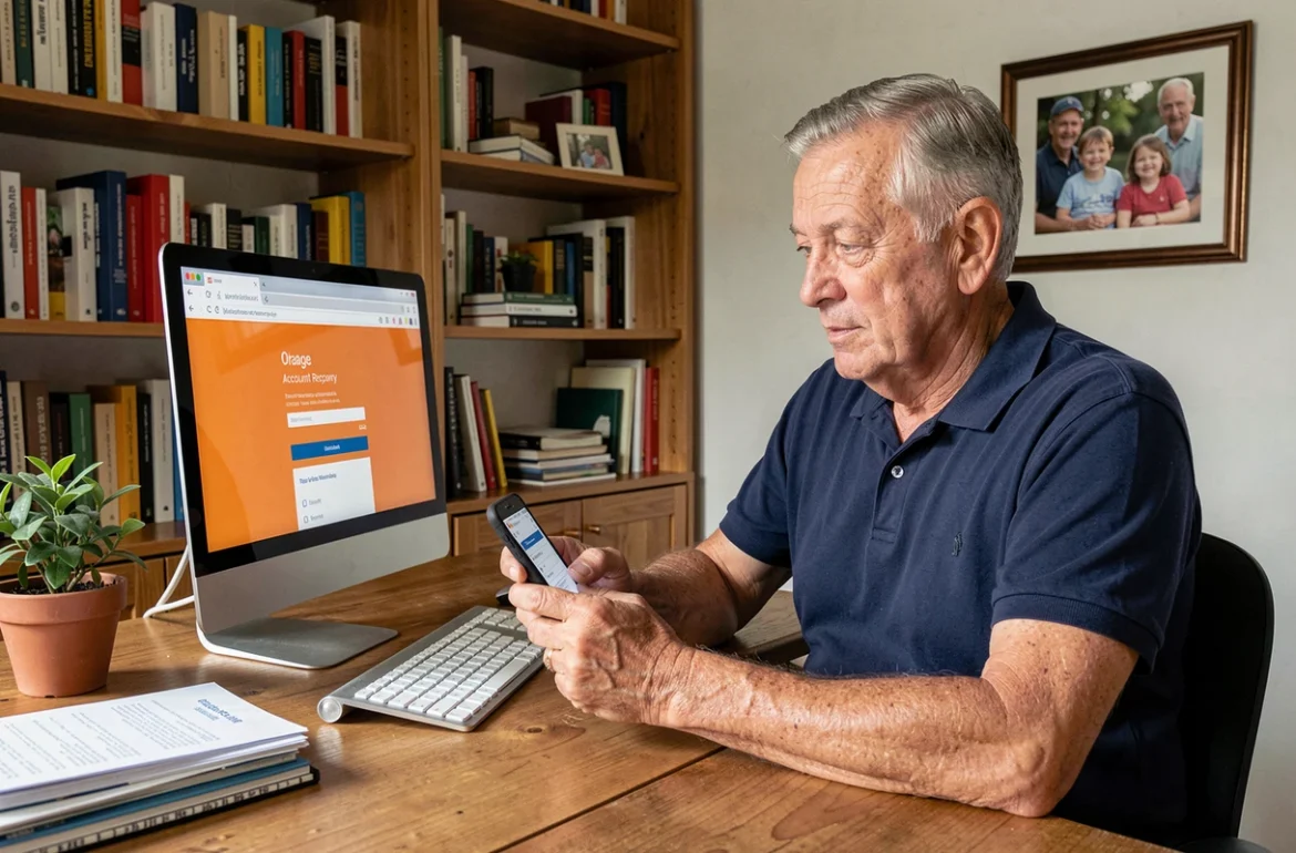 Un retraité réinitialise son mot de passe sur le portail Orange Kiosque depuis son bureau à domicile