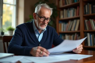 Retraité SNCF consultant ses documents de pension à son bureau à domicile