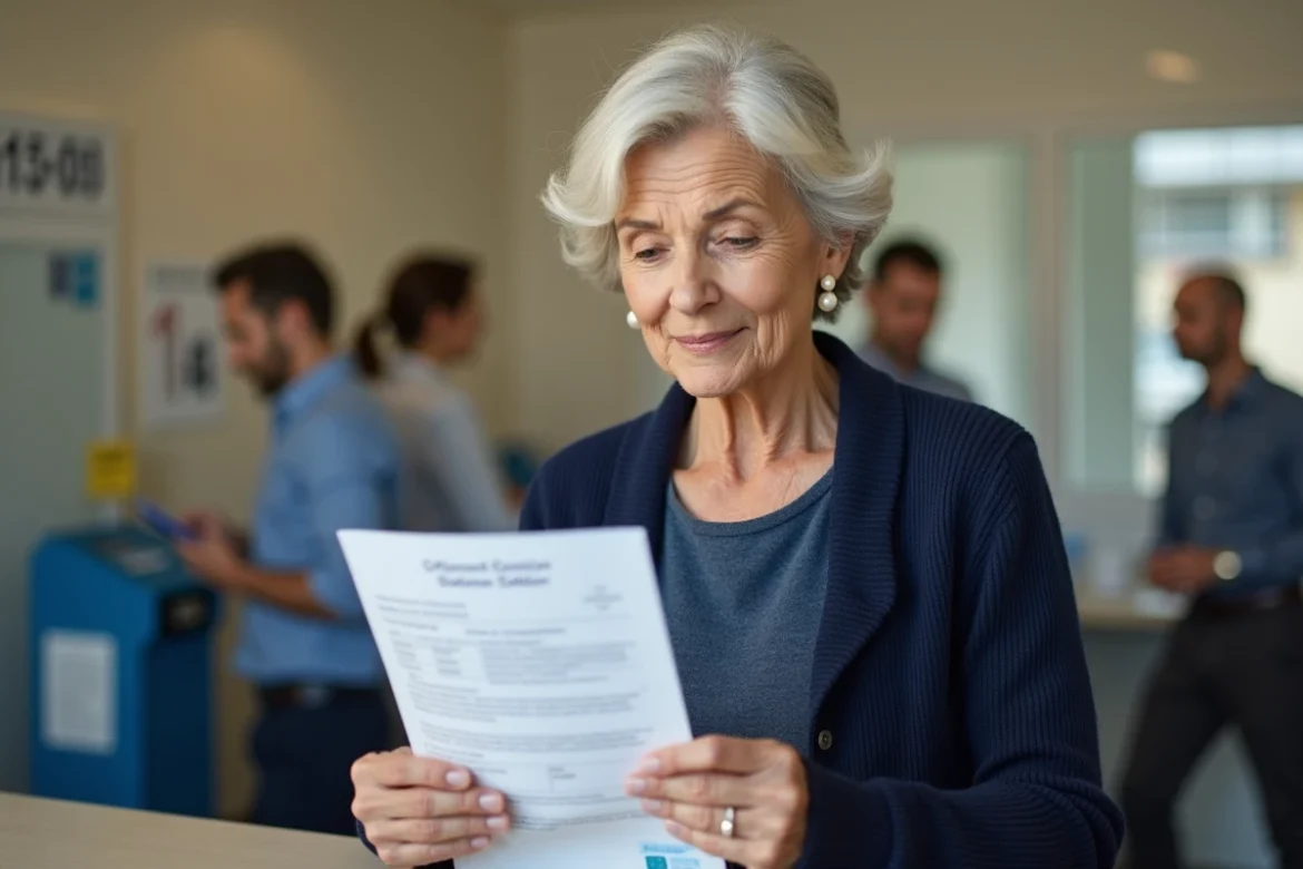 Femme retraitée consultant son relevé de pension Agirc-Arrco dans un bureau de poste
