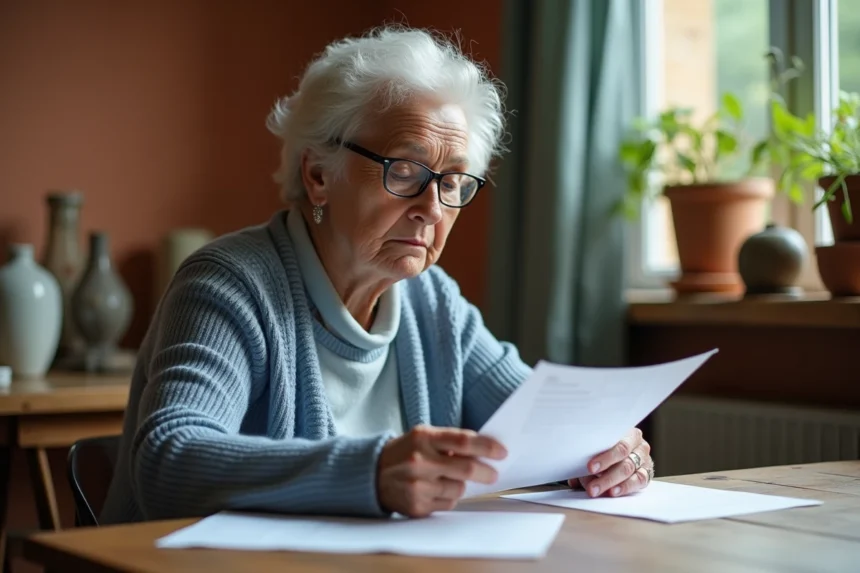 Retraitée examinant ses documents de pension à la maison, illustration revalorisation retraite 2026