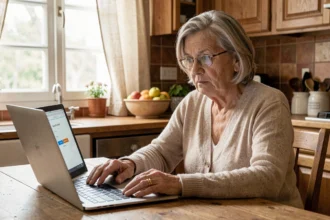 Une femme retraitée cherche à récupérer son mot de passe Orange Kiosque sur son ordinateur portable dans sa cuisine