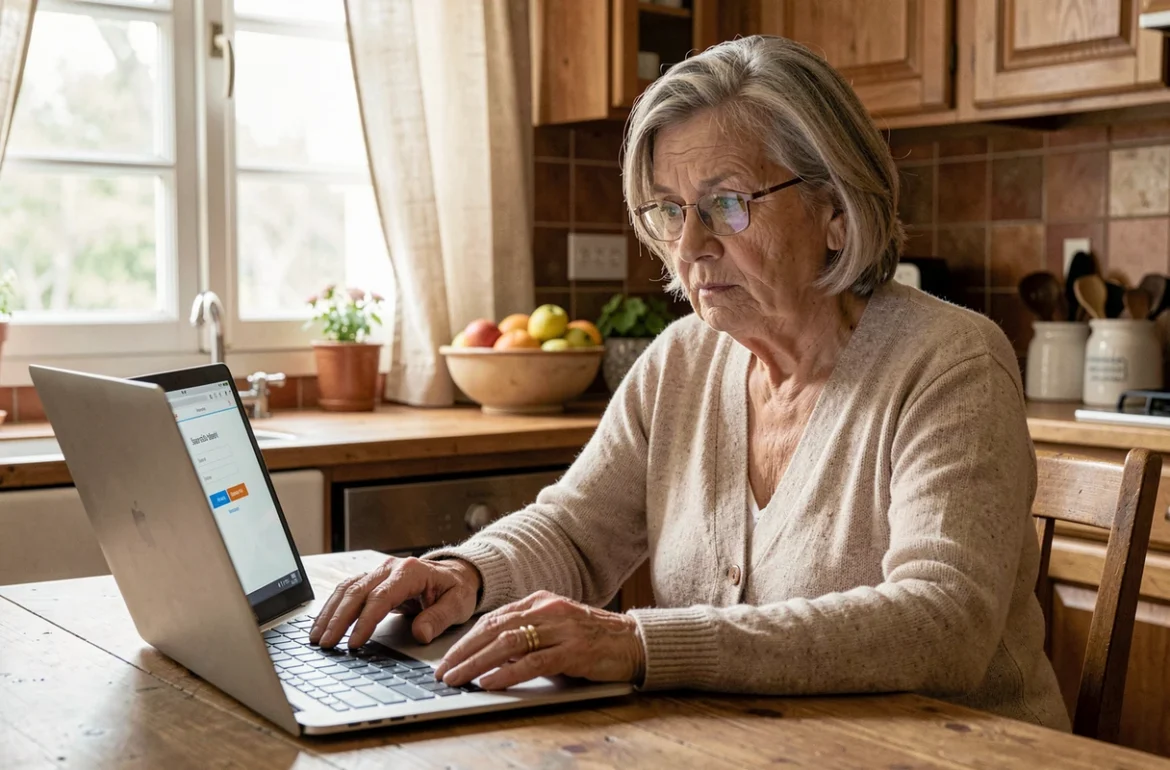 Une femme retraitée cherche à récupérer son mot de passe Orange Kiosque sur son ordinateur portable dans sa cuisine