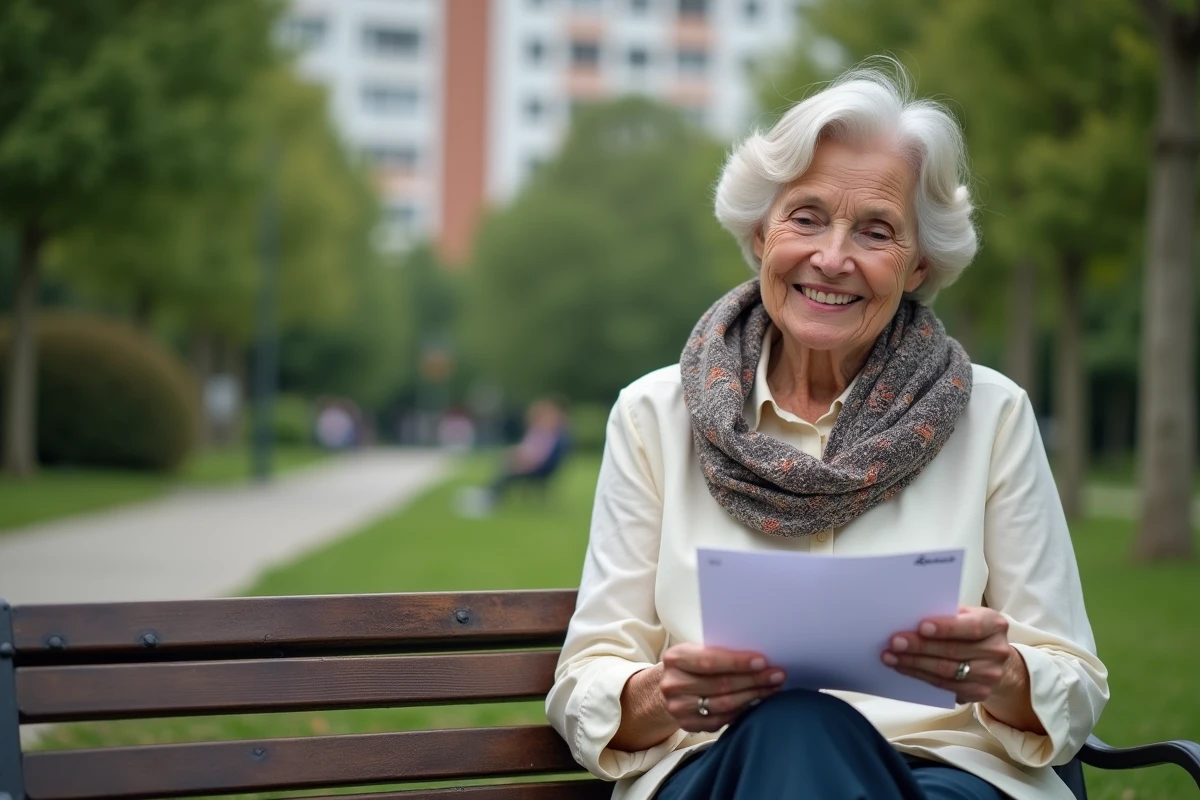Femme retraitée souriante lit une lettre dans un parc