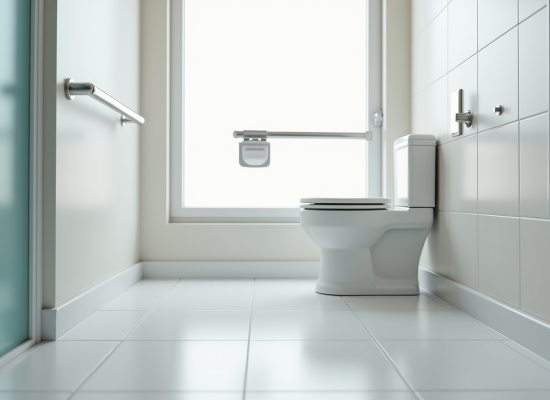 Salle de bain moderne avec toilette ergonomique et barres d'appui