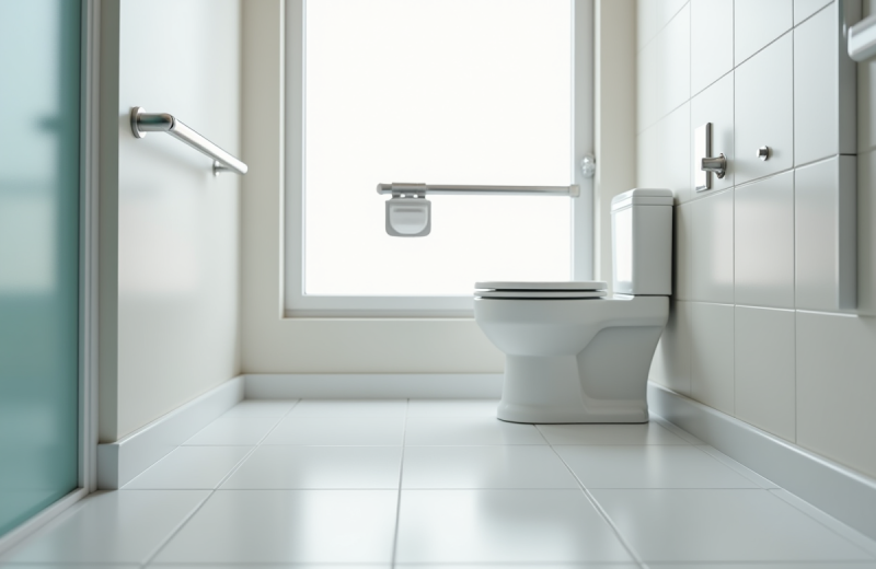 Salle de bain moderne avec toilette ergonomique et barres d'appui