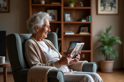 Senior femme âgée tenant un cadre photo connecté dans son salon avec des photos de famille en arrière-plan