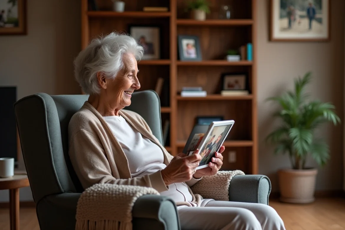 Senior femme âgée tenant un cadre photo connecté dans son salon avec des photos de famille en arrière-plan