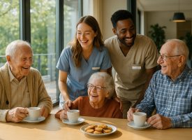 Seniors et aidants partageant un thé dans une résidence moderne
