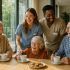 Seniors et aidants partageant un thé dans une résidence moderne