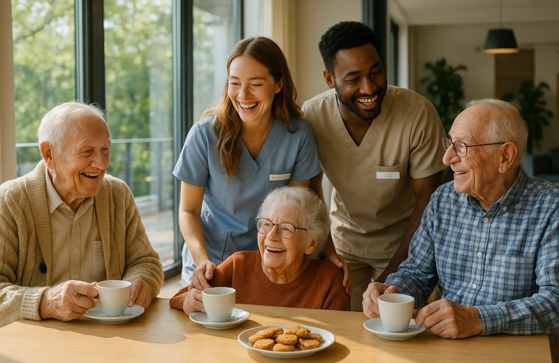 Seniors et aidants partageant un thé dans une résidence moderne