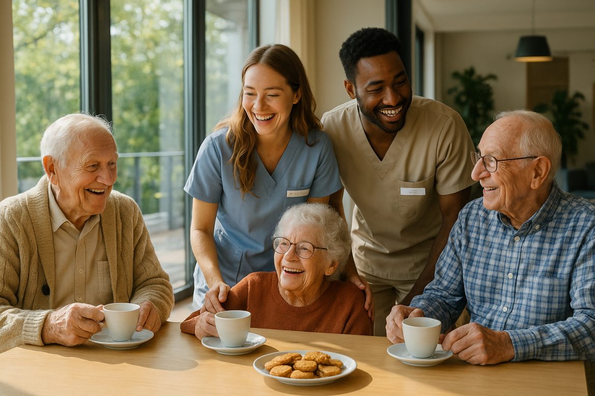 Seniors et aidants partageant un thé dans une résidence moderne