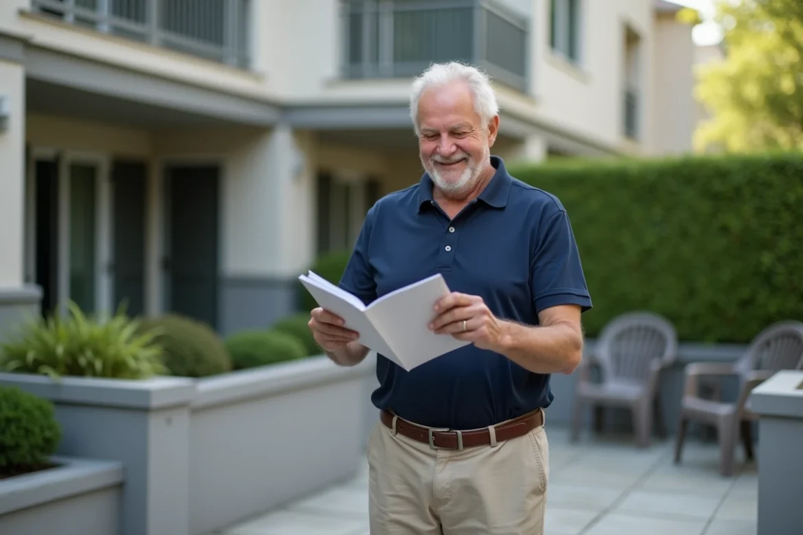 Un homme senior compare des brochures tarifaires de résidences Domitys dans une cour extérieure