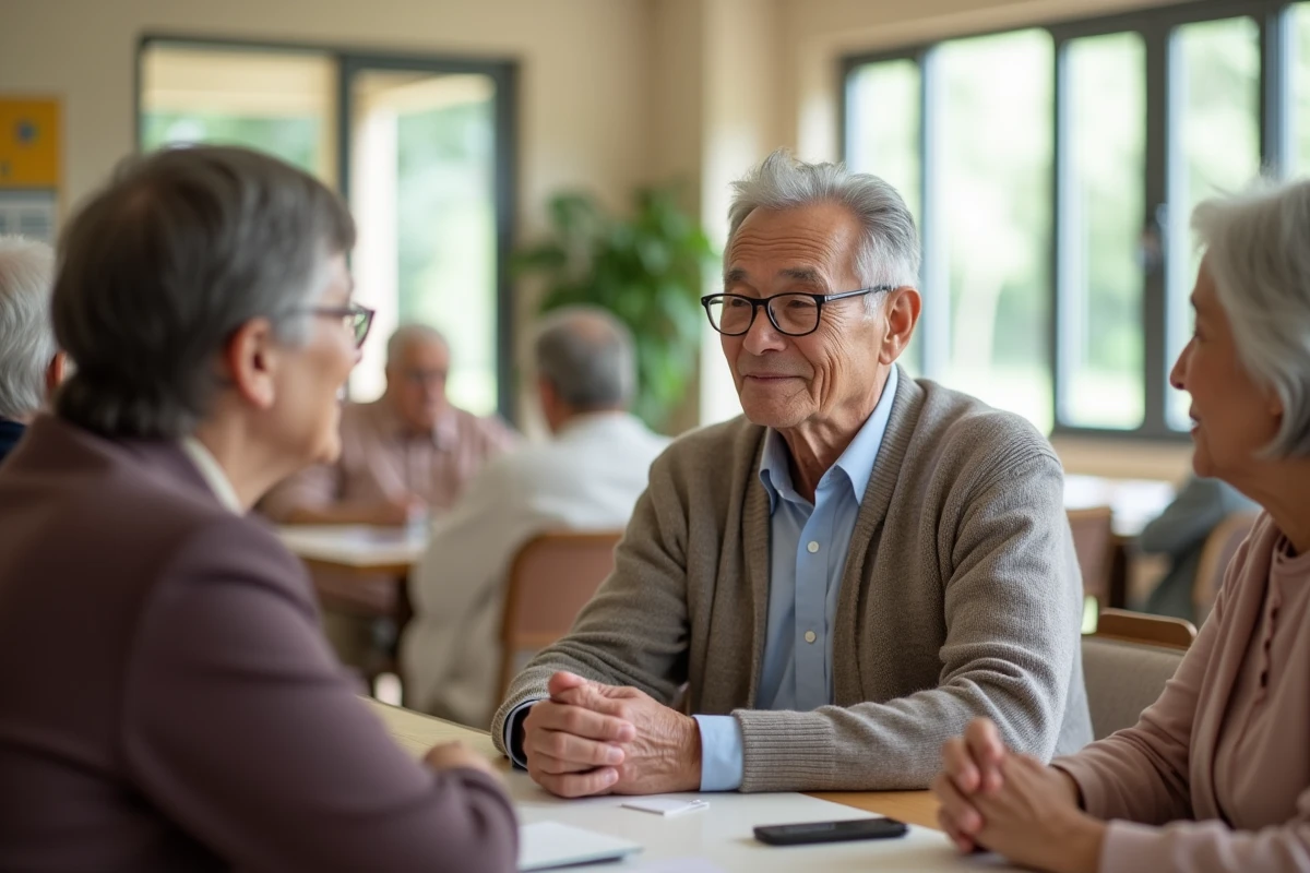 Senior discutant avec un personnel dans une salle lumineuse