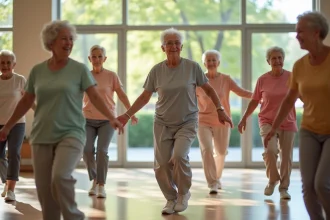Groupe de seniors dansant dans une salle lumineuse et chaleureuse