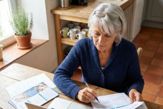Femme senior examinant des documents d'assurance santé à la maison