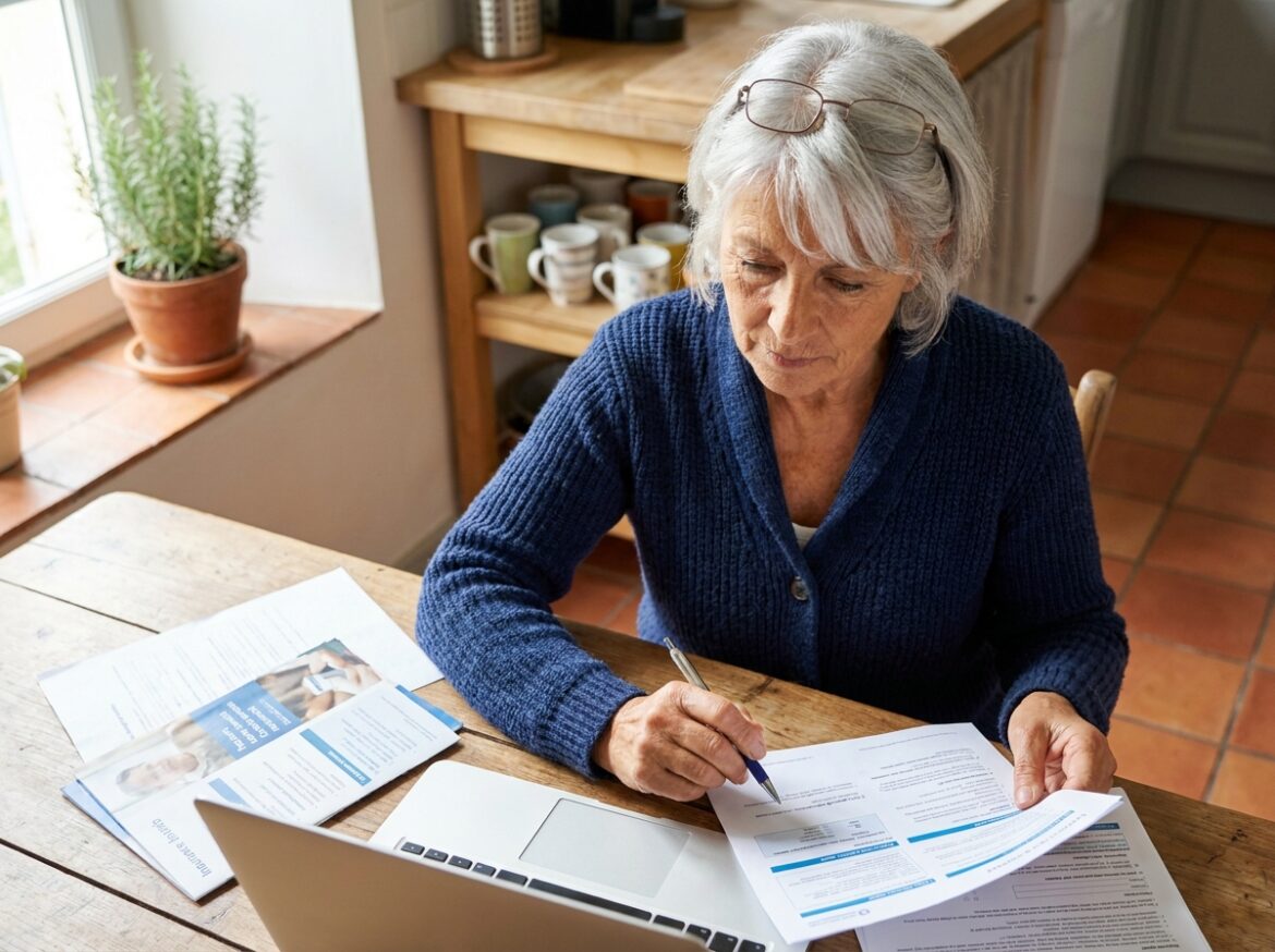 Femme senior examinant des documents d'assurance santé à la maison
