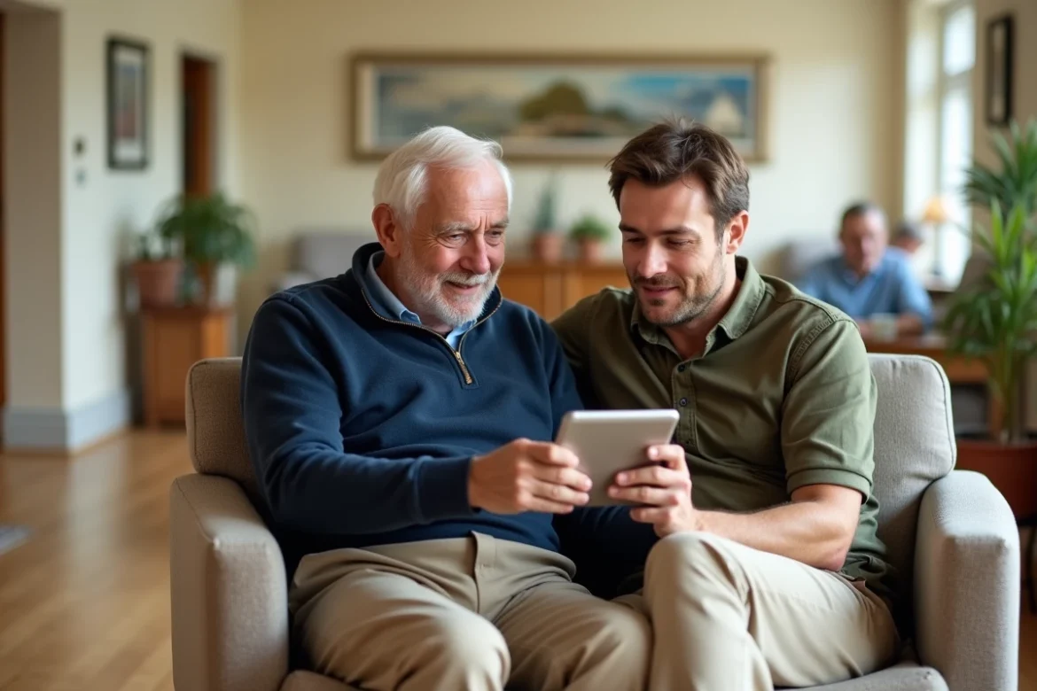 Un senior et son fils adulte consultant des informations sur une tablette dans le salon commun d'un Ehpad lors d'un séjour temporaire