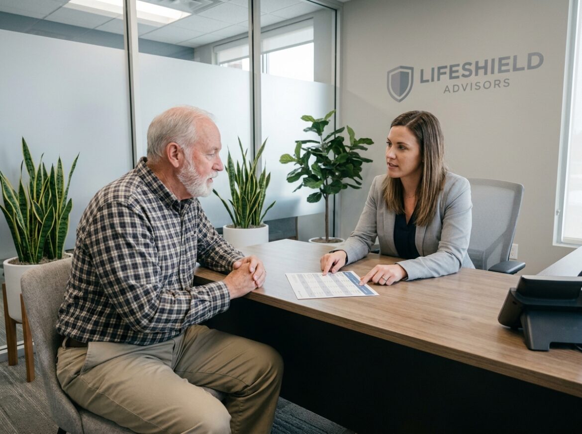 Senior homme en consultation avec un conseiller en assurance santé