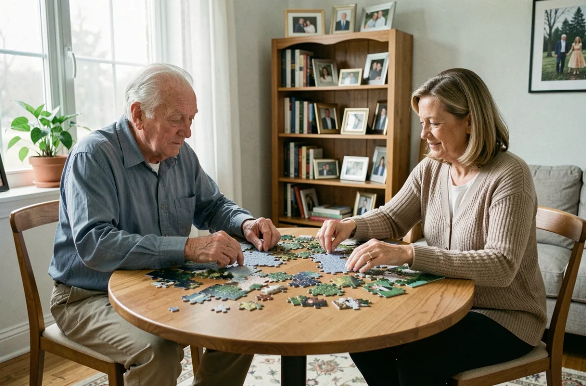 Senior et aidant réalisant un puzzle ensemble pour exercer les facultés cognitives avec Alzheimer débutant