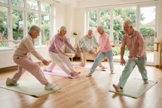 Groupe de seniors souriants faisant des exercices d'étirement ensemble dans un club de bien-être